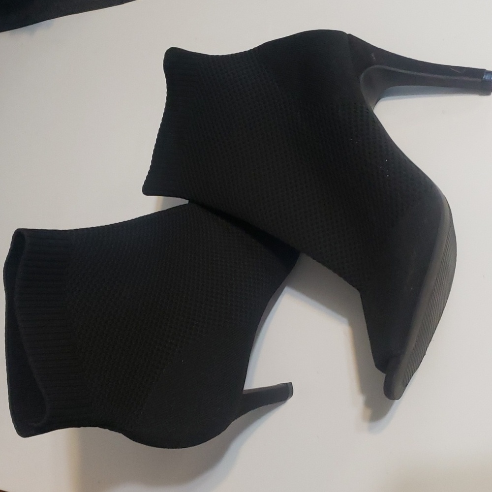 Mia Black Pullon Sock Peeptoe Mid Calf Boots